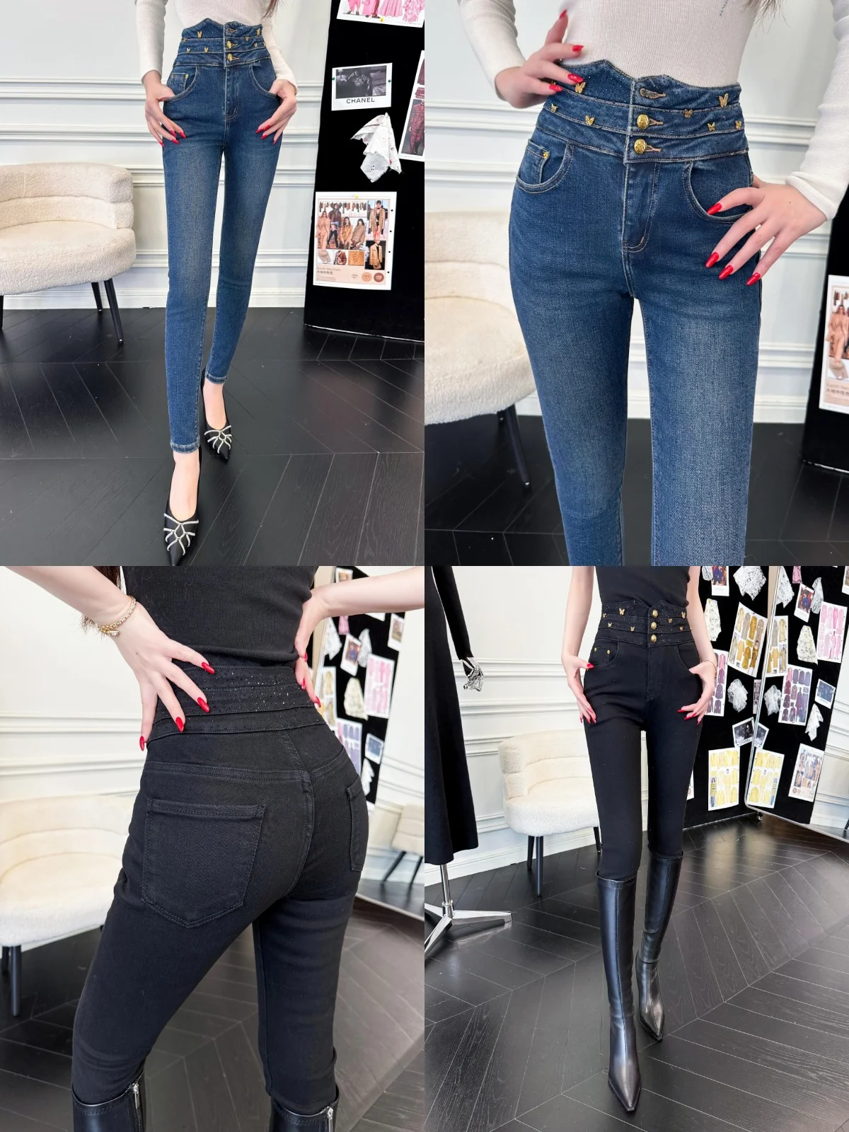 

Удобные эластичные джинсы XiaoXiao Yu с начесом, декорированные, с высокой талией, из хлопка, повседневные, с высокой эластичностью