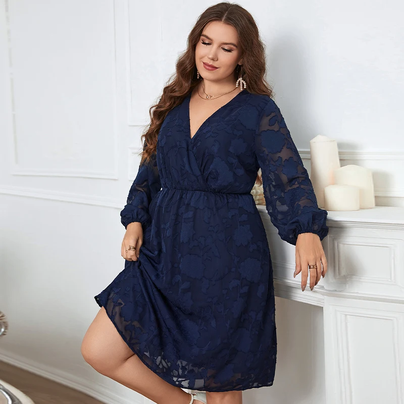 Della Mel Plus Size Elegant Women\'s Dresses for Party 2022 Sexy Lace See-Through Long Sleeve Blue V-neck Casual Large Size Dress