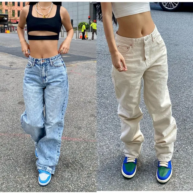 2023 Nowe jeansy damskie Y2K Moda Luźne jeansowe spodnie z szerokimi nogawkami Street Casual Spodnie damskie Niebieski / Off White S-XL Drop Shipping