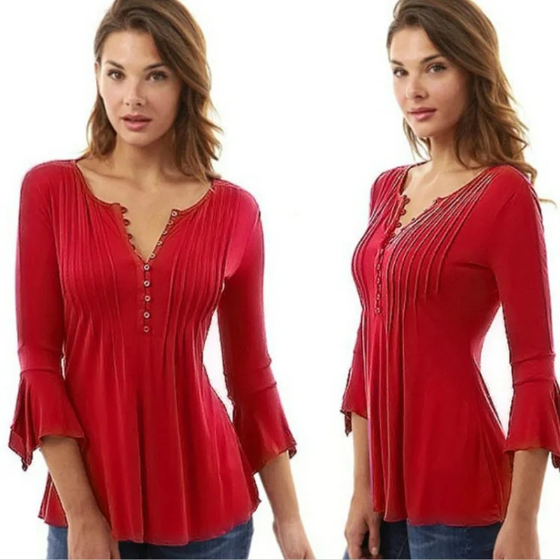 Office Lady Casual Blouse Women\'s V-Neck Long Sleeve Pullover Spring Autumn Solid Color Slim T-Shirt