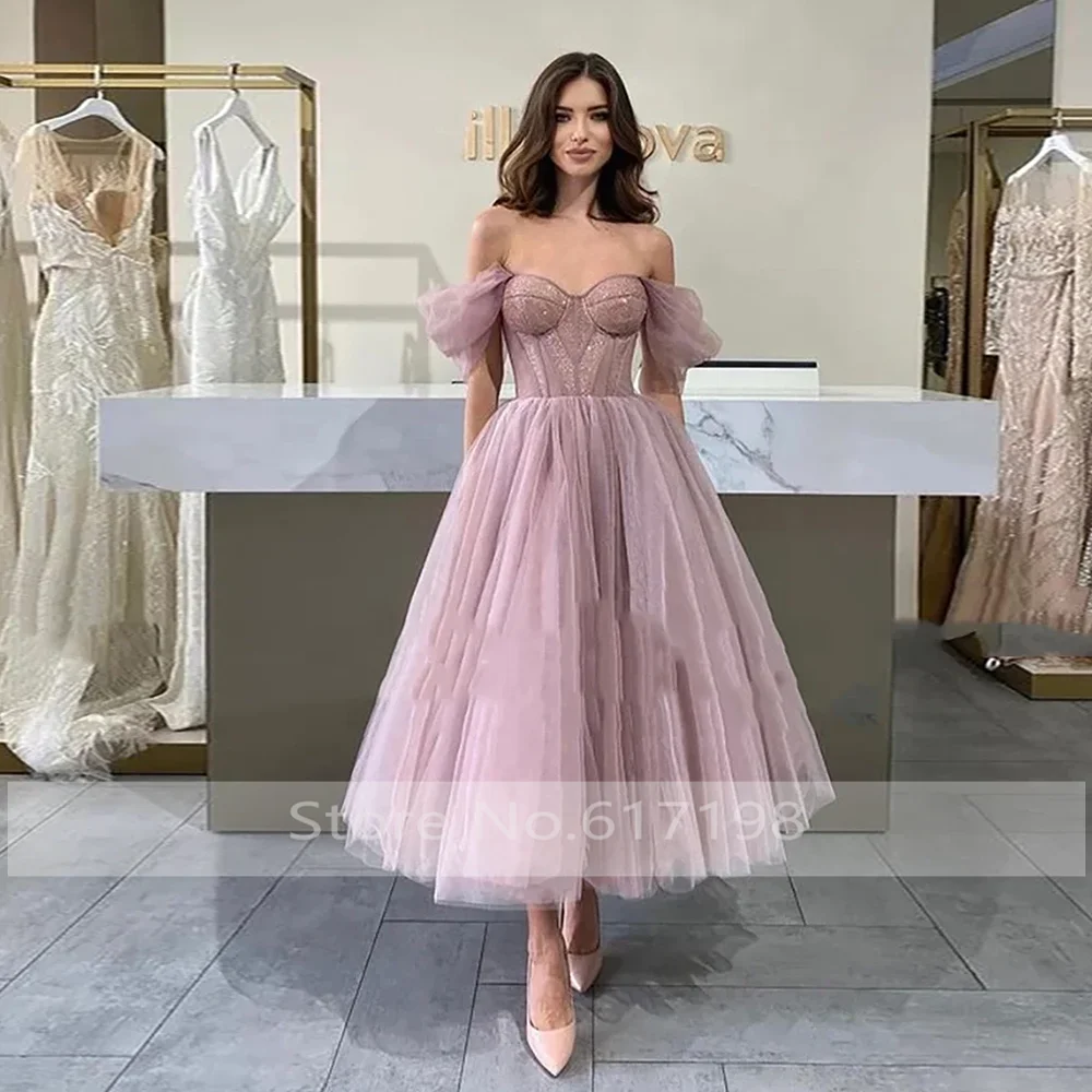 

Elegant Sweetheart Collar Sequins Shiny Prom Party Dress A-line Tea-Length Backless Women‘'s Bachelorette Gown Customized