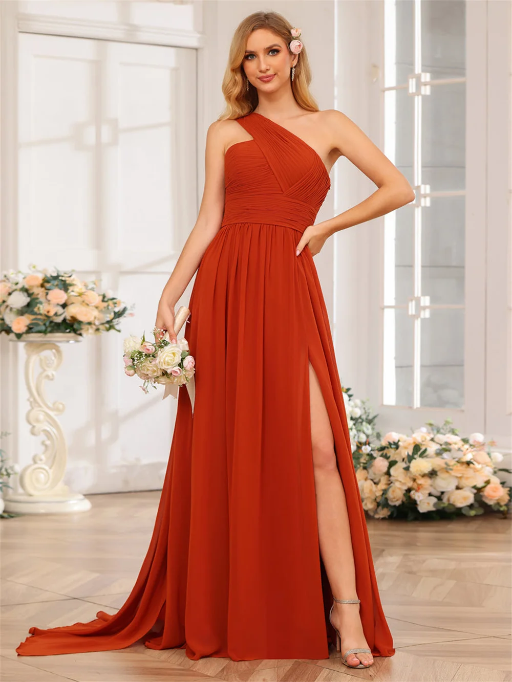 

One Shoulder Pleated Chffon Bridesmaid Dresses With Split Side Sleeveless Backless Formal Evening Gowns A-line Long Prom Gowns