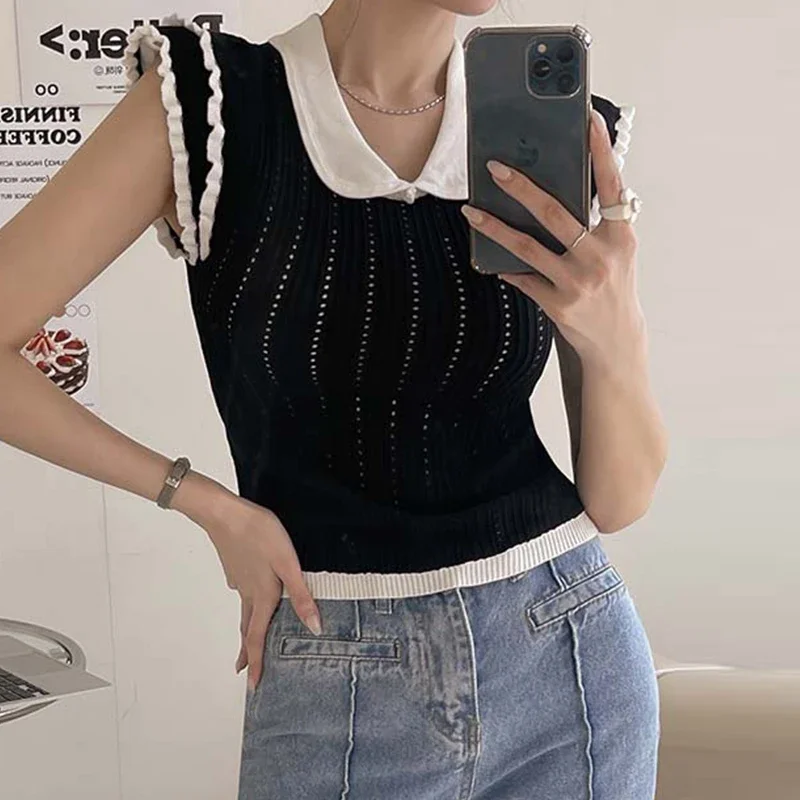 Pink Knit Tops Women Summer Sleeveless Turn-down Neck Y2k Pullovers Female Hollow Out Korean Fashion Sweater Ladies