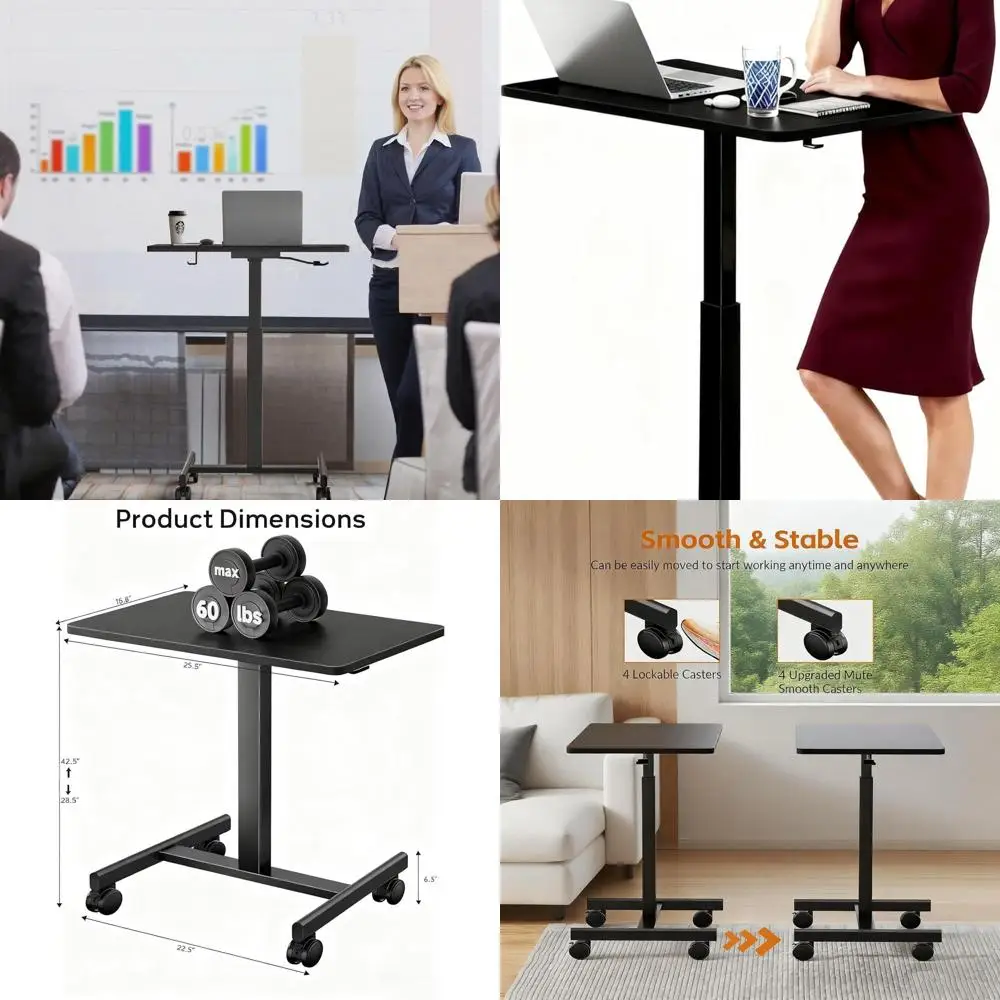 

Adjustable Height Mobile Desk with Locking Wheels, Compact Rolling Workstation for Home Office, Black