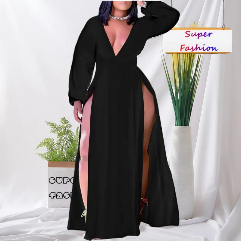 WSFEC L-4XL Fall Plus Size Dresses Women Clothing Solid Long Sleeve V Neck Split Sexy Party Evening Dress for Women 2023