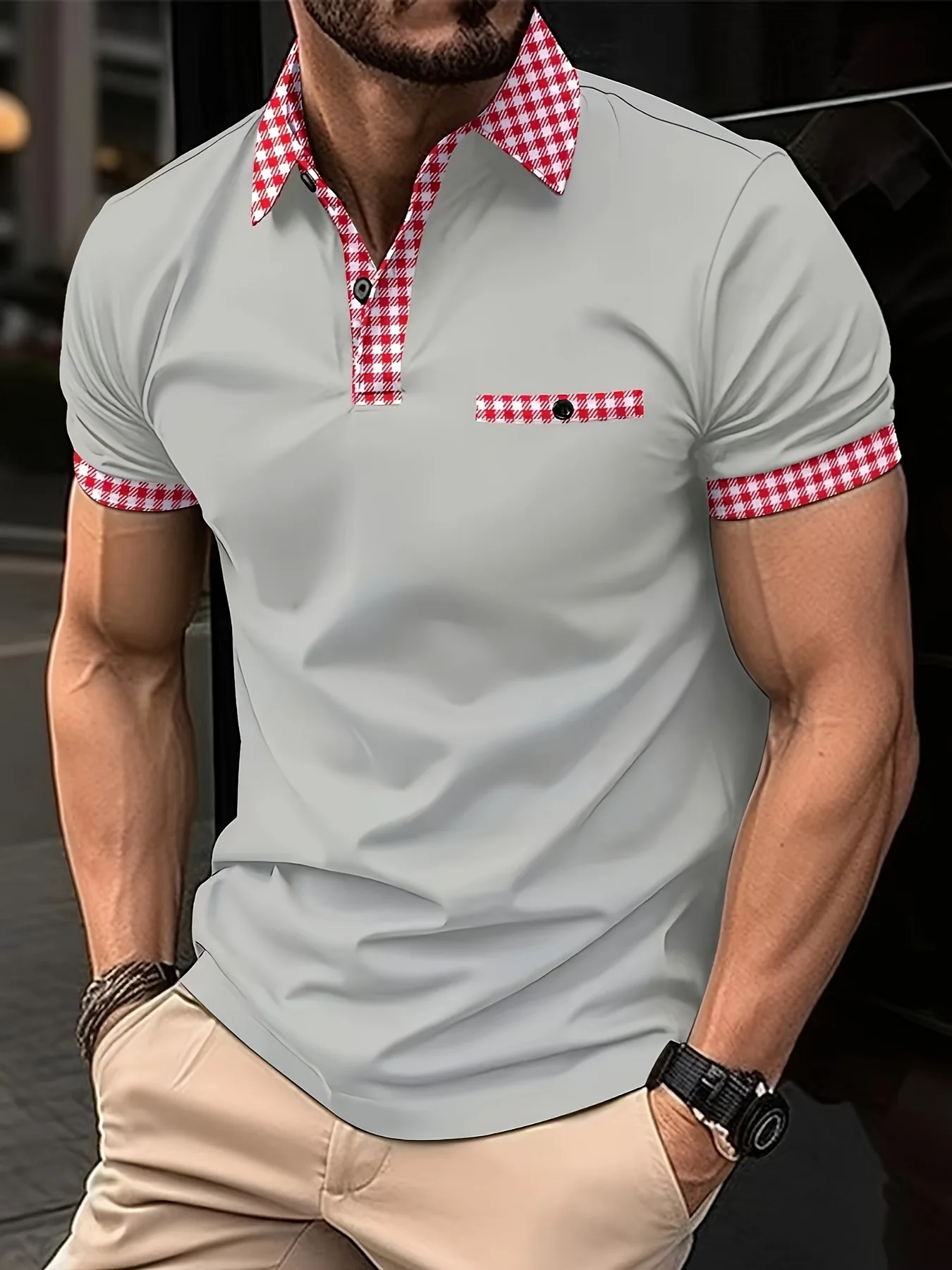 Spring And Autumn Men\'s Short-sleeved Polo Shirt Casual Sports Shirt Solid Color Red plaid Collar T-Shirt Fashion Breathable POL