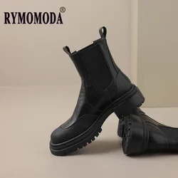 Genuine Leather Women's Chelsea Boots with 4.5CM Chunky Heel Platform Spring/Autumn Short Boots Slip on Elastic Band Big Size 43