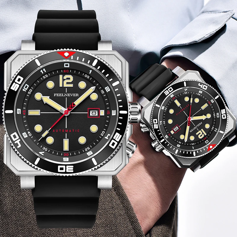 FEELNEVER Automatic Watches for Men Fashion Business Silicone Waterproof Men's Mechanical Wristwatch Sapphire Diver Watch Men view 6