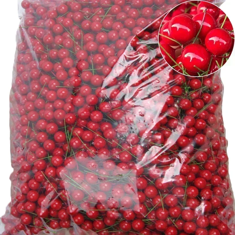 50/1000pcs Artificial Berries Red Fake Berry Cherry Stamen Beads Mini Floral Wreath Ornament Christmas New Year Party Gifts