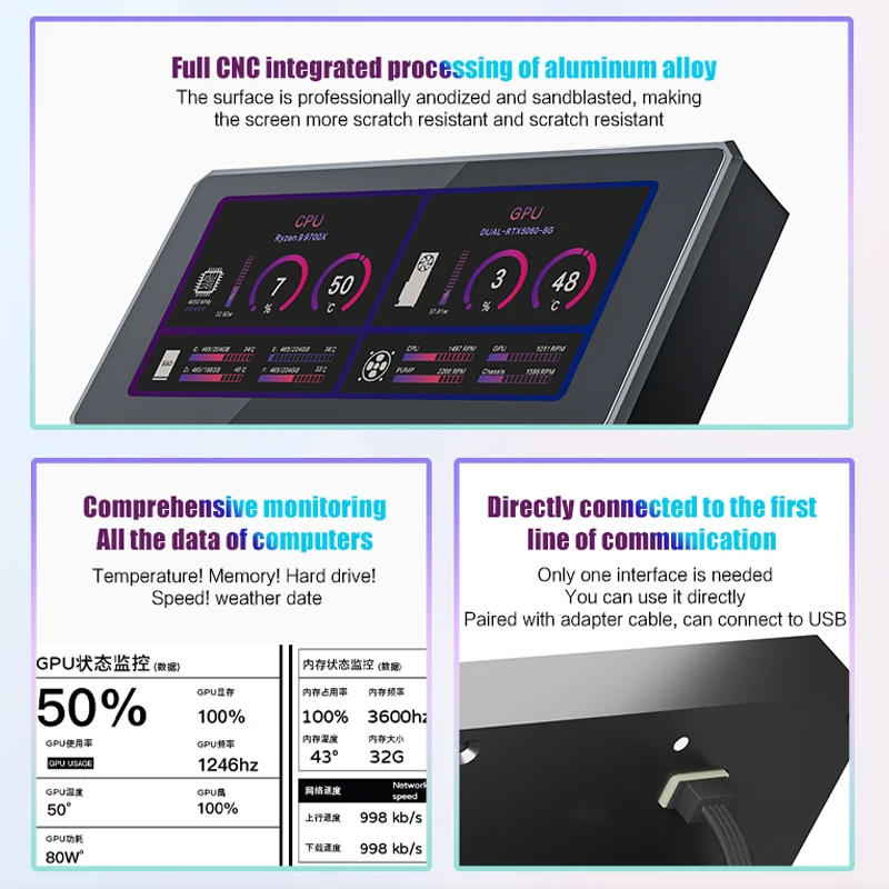 3.39인치 데스크탑 컴퓨터 보조 모니터 IPS 풀 알루미늄 USB 1 케이블 연결, iGame Vulcan Edition 그래픽 카드 화면
