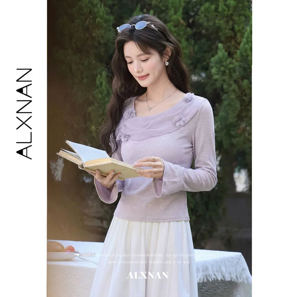 ALXNAN Purple Long Sleeve T-shirt Women One-shoulder Asymmetrical Neck Tees 3D Flower Design Waist Ruffles Flared Top L61898A-3