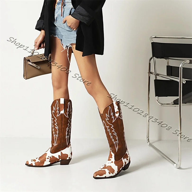 Mixed Splicing Embroider Knight Boots Pointed Toe Chunky Heels New Fashion Boots Women Big Size Shoes 2023 Zapatos Para Mujere