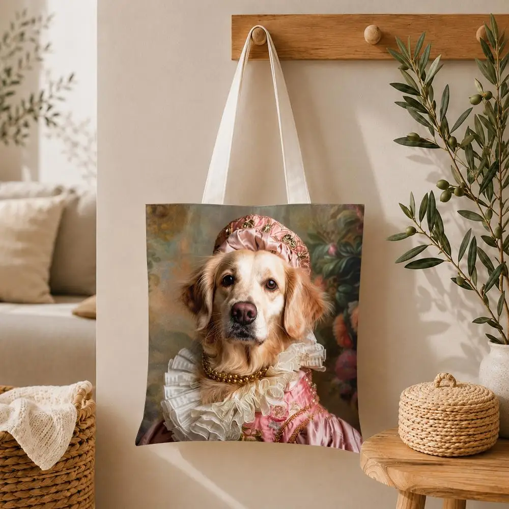 Luxury Royal Pet Portrait Storage Bags Large Capacity Canvas Tote Bag Double-Sided Print Shoulder Handbag for Daily Shopping