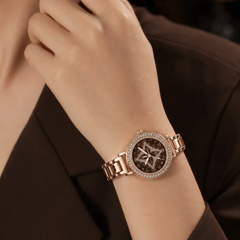 Fashion Exquisite Women Watches Luxury Brown Dial Diamond Bezel Stainless Steel Ladies Quartz Watch Clock Gift Reloj Para Mujer