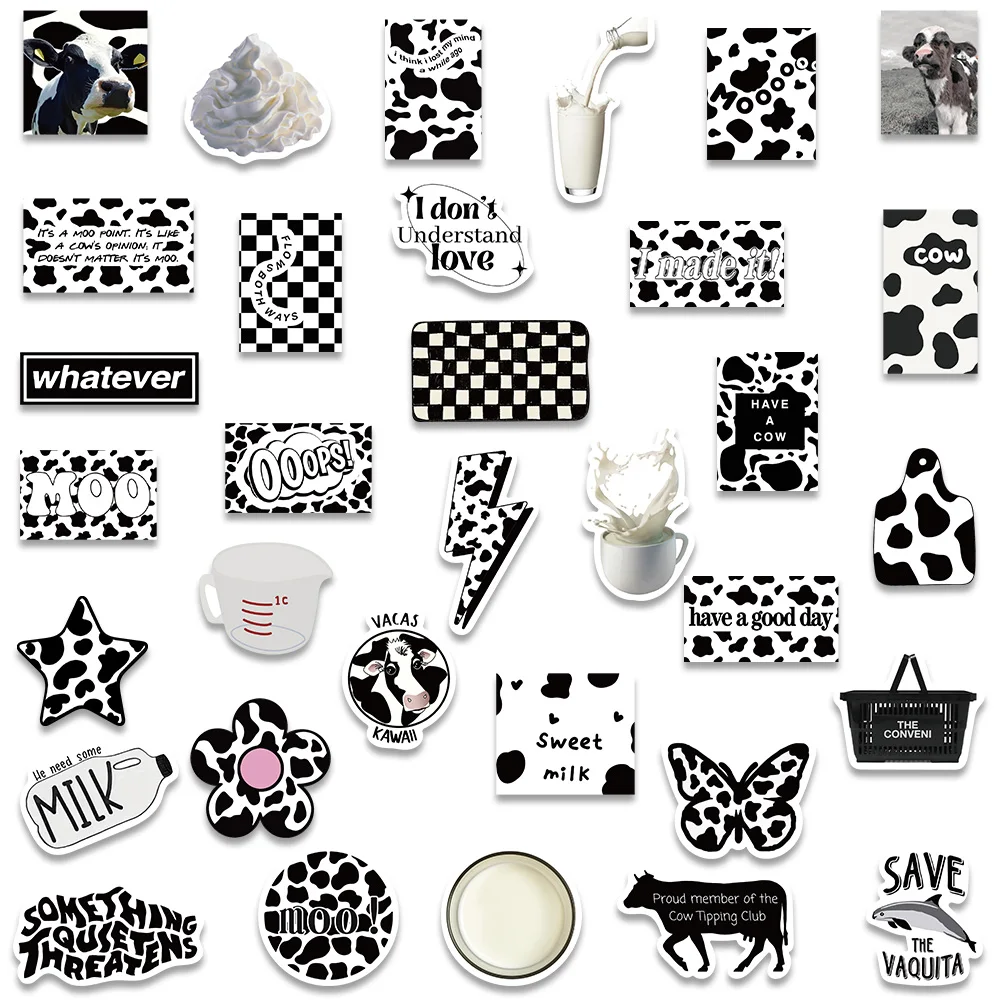 VACA Leite Graffiti Adesivos, Decalque Estético Dos Desenhos Animados, Preto e Branco, Brinquedos, Skate, Guitarra, Livro, Telefone, Bicicleta, Ins Estilo, 65Pcs