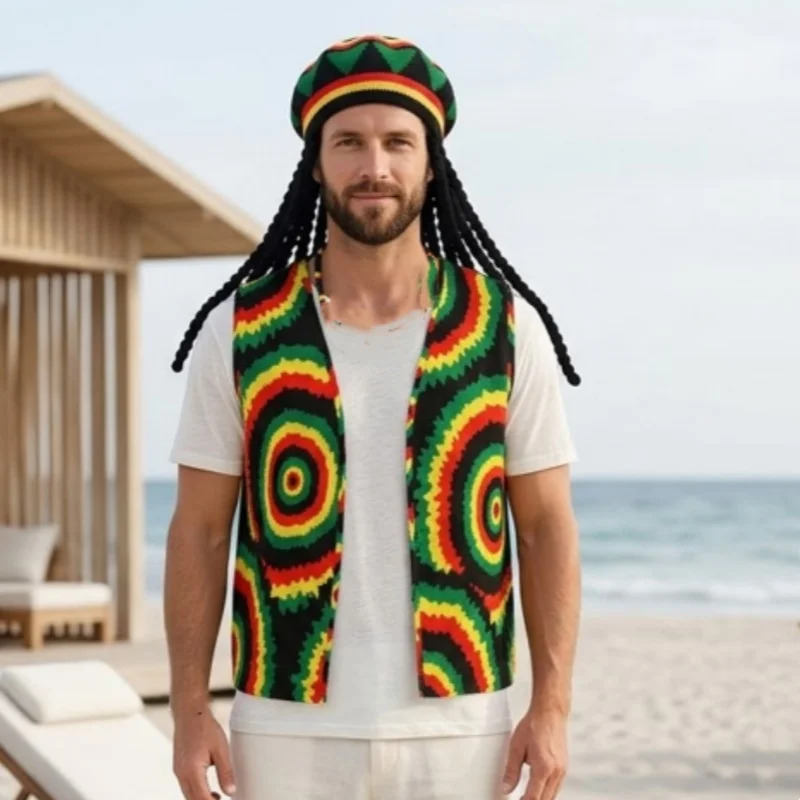 Unisex Halloween Cosplay Party Knit Braid Hat Dreadlocks Wig Jamaican  Hip Hop Beanie Cap Multi-colour Printed Tank Top Costume