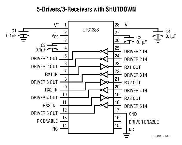 LTC1338CNW LTC1338INW LTC1338 - 5V Low Power RS232 5-Driver/3-Receiver Transceiver