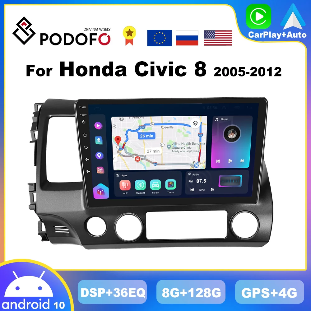 

Podofo 4G CarPlay Android Car Radio For Honda Civic 8 2005-2012 Multimedia Video Player WiFi GPS Navigation HiFi 2din Head Unit