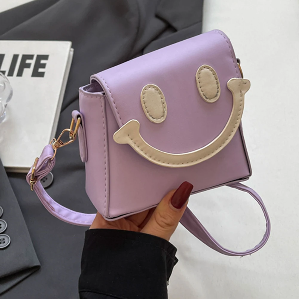 Women Smiling Face Bag PU Leather Mini Crossbody Bag Contrast Color Cartoon Shoulder Bag Female Summer Daily Bag