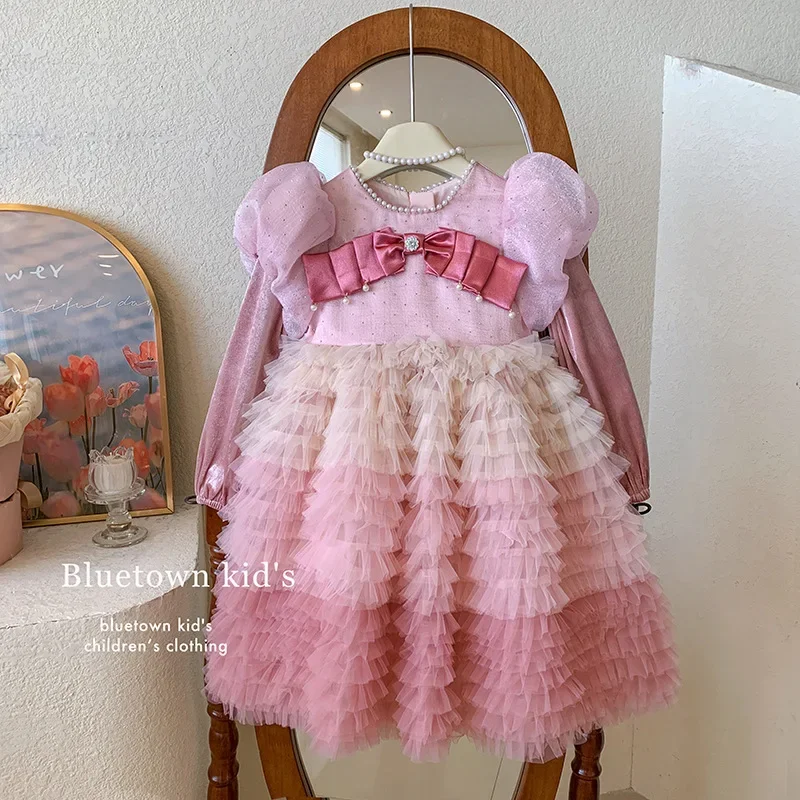 Girls' Spring and Autumn New High-End Stylish Pink Gradient Cake High-End Dress Princess Gown