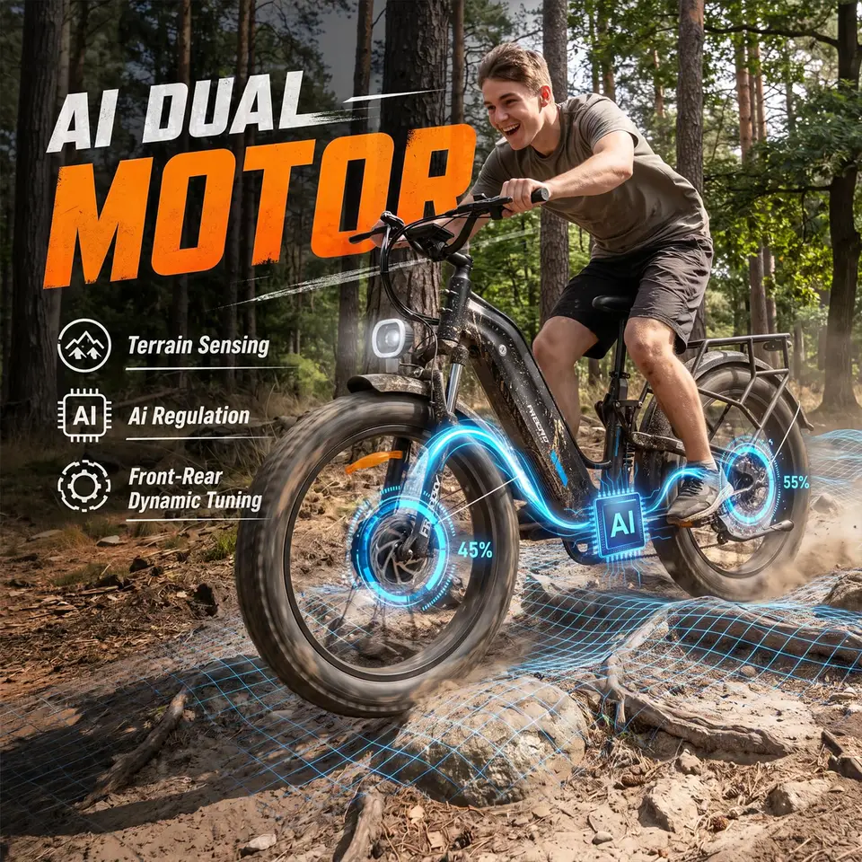FREESKY 4000W 210Nm AI Dual Motor Electric Bike For Adults Ranger Air 105mile Long Range Ebikes,34MPH,Full suspension,26’fat tire,Step-thru,Mountain,hunting image 7