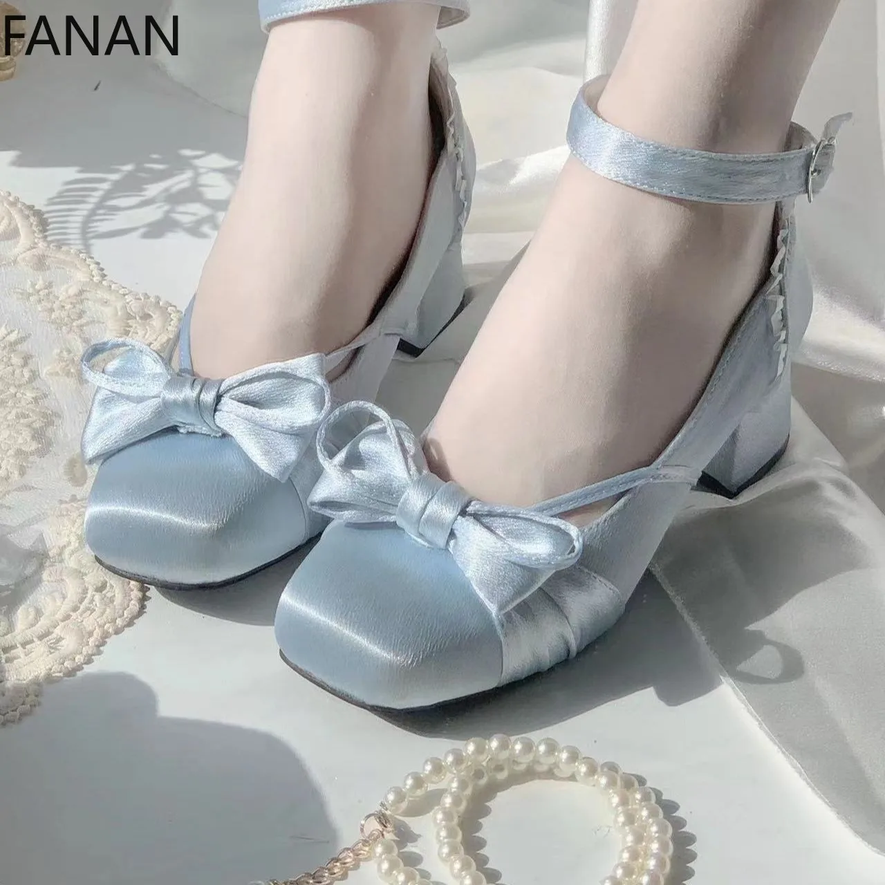 

2025 New Blue Sweet Lolita Shoes for Women Bow Strap High Heels Legs Fine Satin Gloss Enhancing Shoes Pumps Japanese