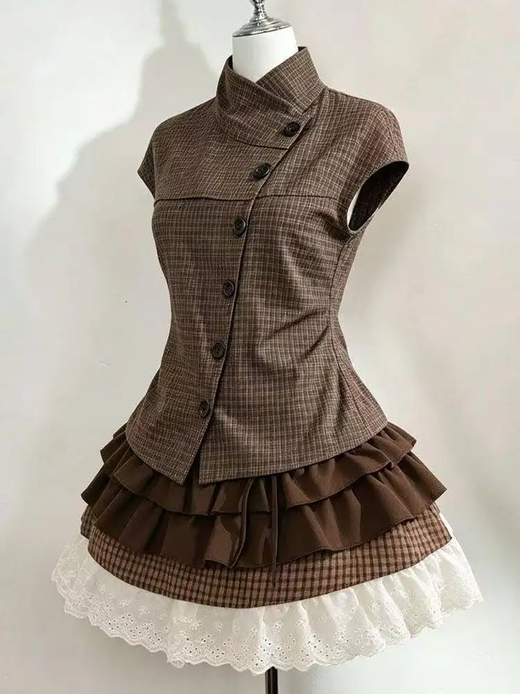 Y2K Daily Summer Hot Girl 2Pcs Suit Women Retro Plaid Short Sleeve Blouse High Waist Pleated Skirt Harajuku Streetwear 2026 view 6