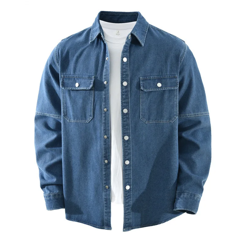 

Korean Style New Mens Denim Shirt Casual Jean Shirts Male Long Sleeve Pure Cotton Tops Double Pocket Snap Button Shirt Youthful