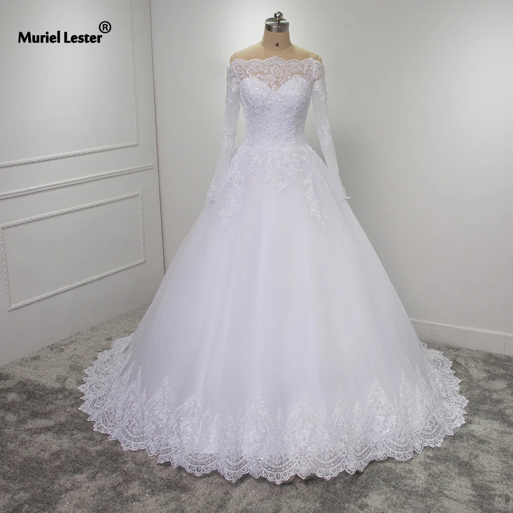 Robe de mariée blanche ligne A pour femme, photo réelle, appliques à manches longues, perles, patients formels, tout ce qui est sur mesure, robe à lacets dans le dos