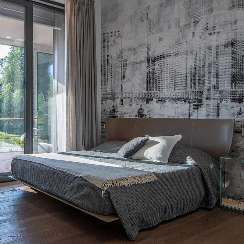 Saddle leather suspension bed master bedroom Italian minimalist retro light luxury design 1.8 meters wedding bed double bed