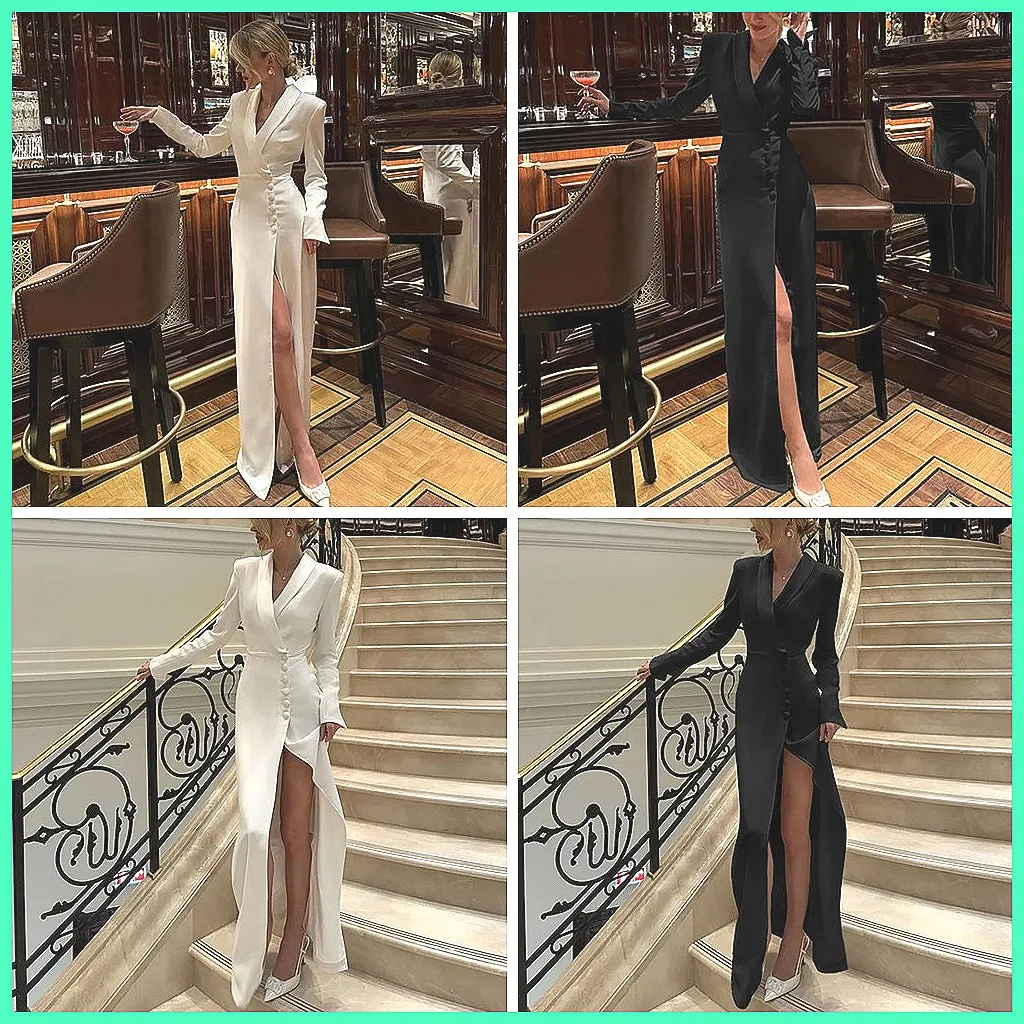 

Весенне-осеннее женское платье с V-образным вырезом, высокой талией и пуговицами, с длинными рукавами, для офиса и вечеринок