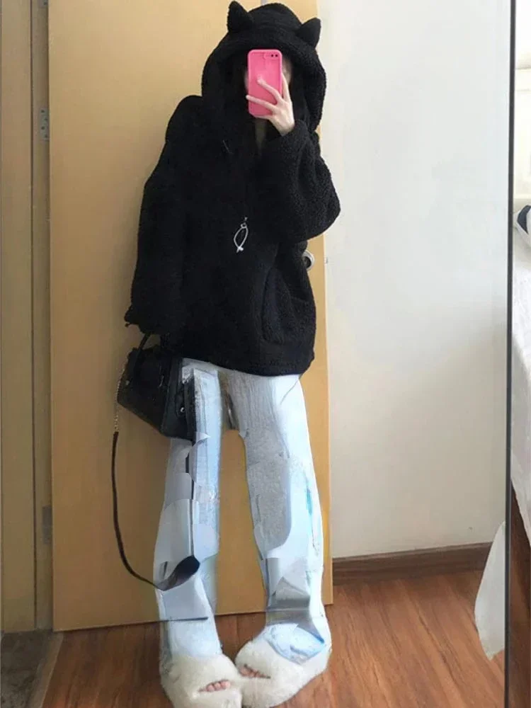 Vintage Black Hooded Loose Casual Jacket Streetwear Fashion Fluffy Pocket All Match Coats Y2k Aesthetic Grunge Women Zipper Top