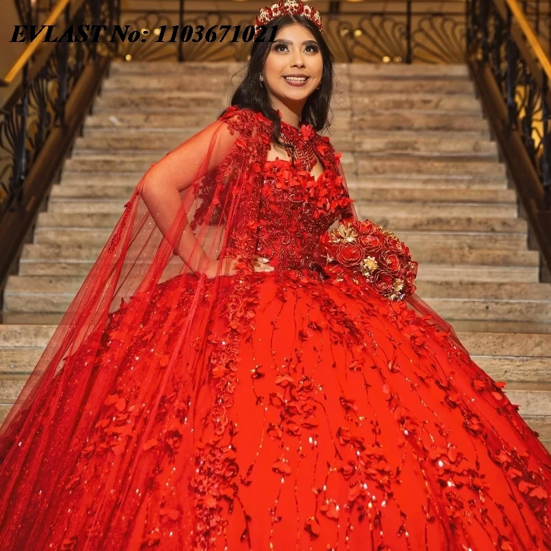 EVLAST-Robe de RhQuinceanera rouge personnalisée, appliques en dentelle florale brillante, perles avec cape, robe Sweet 16, SQ346