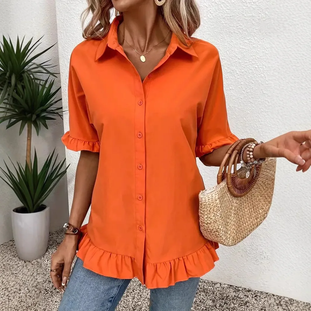 2025 Summer Women's Shirt White Fashion Loose Cardigan Orange Foliage Hem Mid-sleeved Top Blouses for Female
