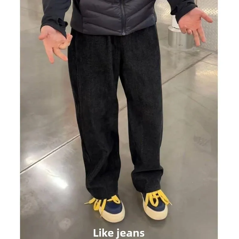 

Men's Casual Thiened Denim Straight Leg Pants Autumn Winter Warm Loose Fit Sweatpants Elastic Waist Cotton Polyester Blend