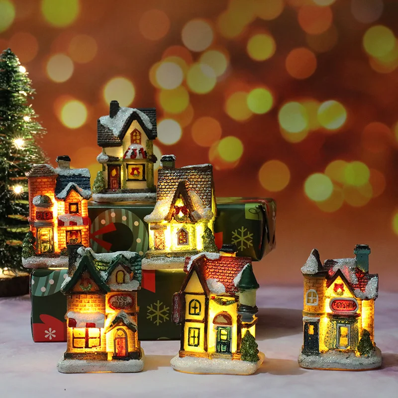 Christmas Village Houses, DIY Light Up Resin Winter Christmas Village Sets Simulation Miniature Decorative Christmas Village