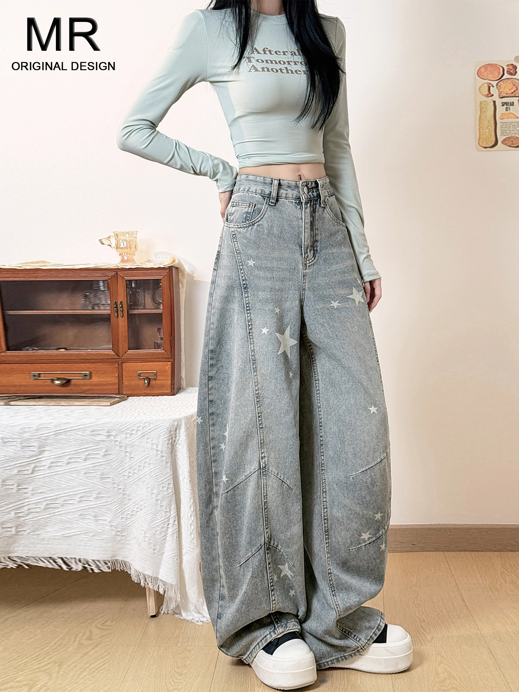 

Новые женские джинсы в американском стиле с принтом звезд, винтажные, широкие, свободные, с эффектом потертости, повседневные, с высокой талией, из денима, коллекция 2026