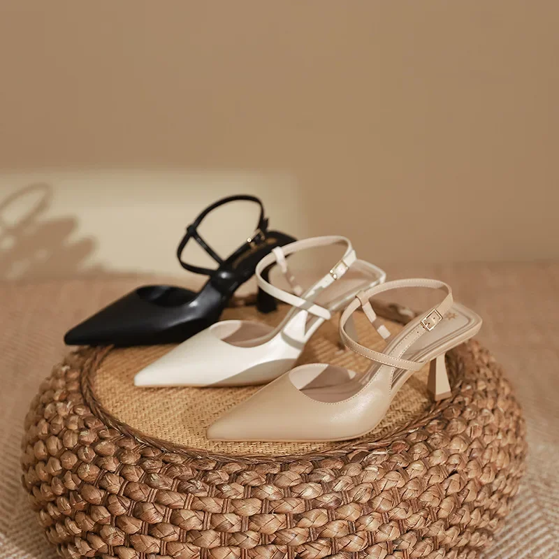 YuanHuiTongSummer أحذية النساء أشار تو كعب رقيقة النساء الصنادل أحذية من الجلد الحقيقي للنساء Slingback أنيقة عالية الكعب P