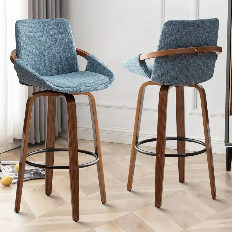 Retro moderno Bar Stools Set, meados do século Bar cadeiras, carvão vegetal cinza, olhar de linho, tecido estofado, 2 polegadas, 25,6 polegadas