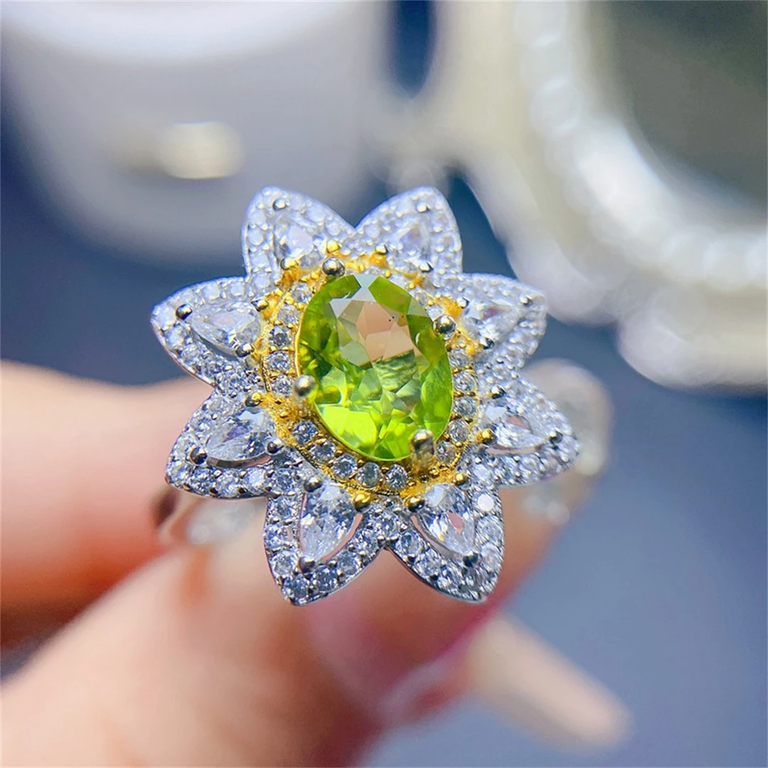 6*8 Natural Olivine Fashion Flower Ring for Women S925 Sterling Silver Fine Party Charm Weddings Jewelry Trendsetter