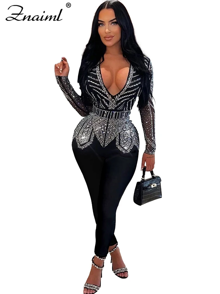 Znaiml Luxury Deep V-neck Mesh Long Sleeve Night Club Party Romper Birthday Outfits Women Sparkly Diamonds Rhinestone Jumpsuit