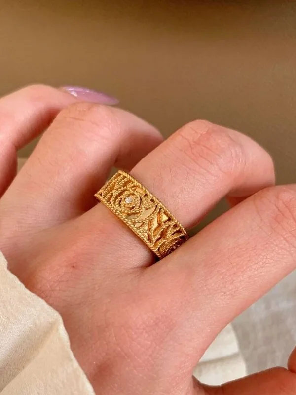 

Retro Vintage Rose Flower Woven Hollow out Wide Style Ring Ancient Chinese Coin Style Unique Individuality Fashion Jewelry