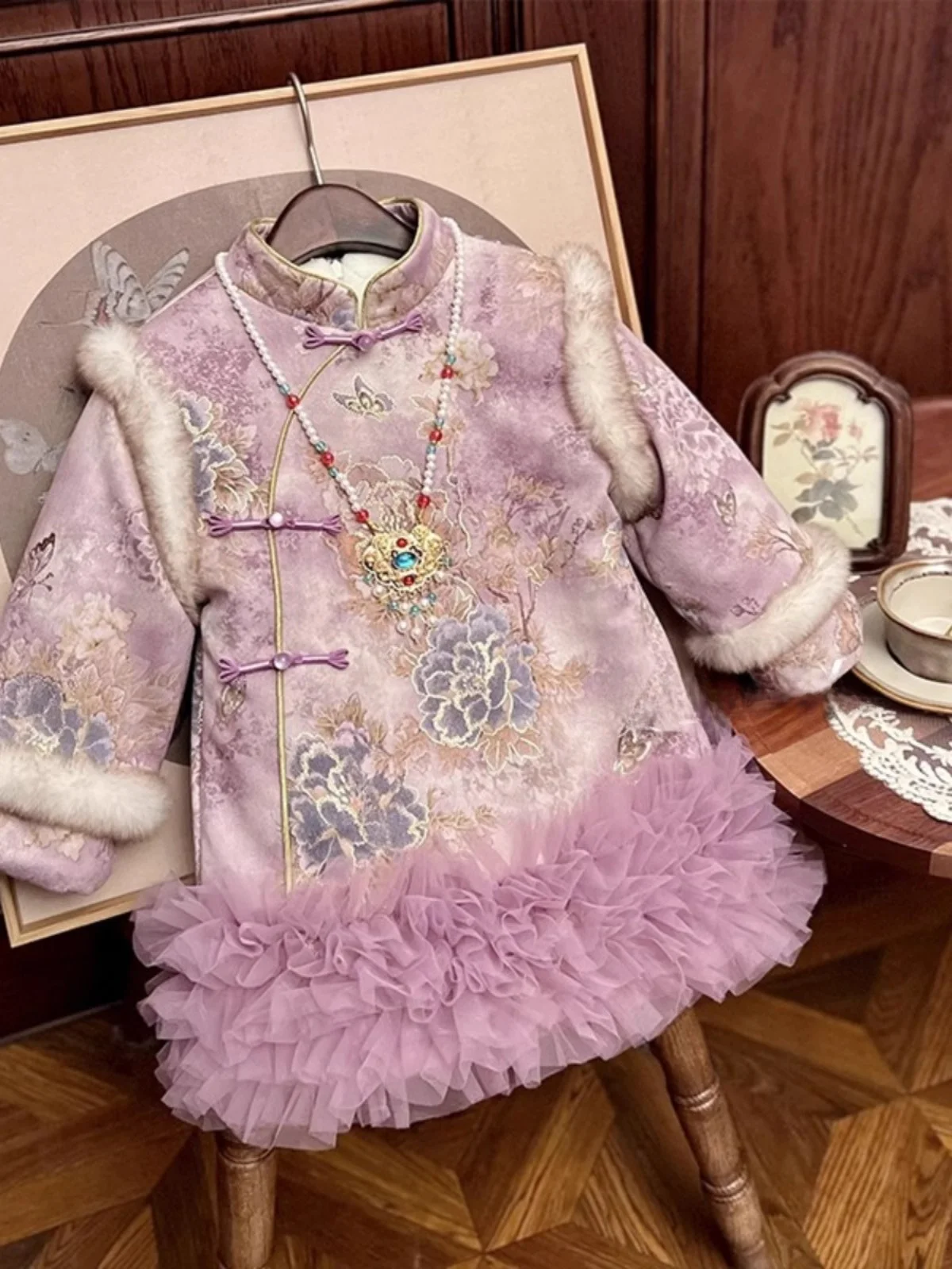 

Детский костюм Ханьфу для девочек на Новый год, длинный рукав, круглый вырез, без узоров, другой материал