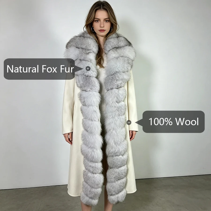 Winter Coat For Women Wool Cashmere Coat Women Real Fox Fur New White Wool Coat Women Fashion view 4
