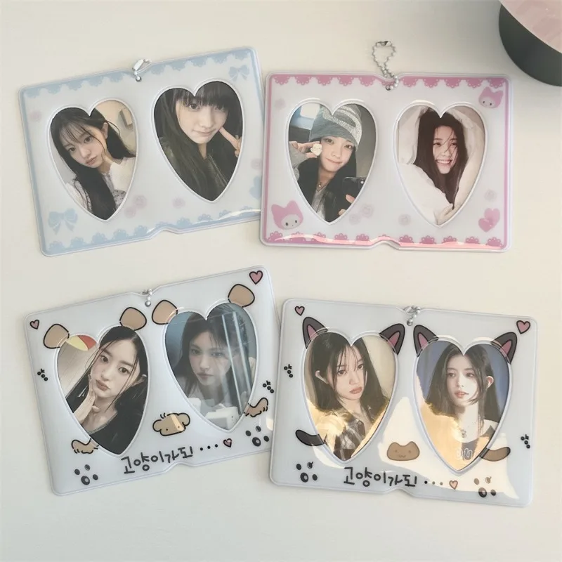 Cute Cartoon Cat Dog Couple 2-Slot 3 Inch Photocard Holder Double Pocket Kpop Idol Card Display Case Clear Card Protector