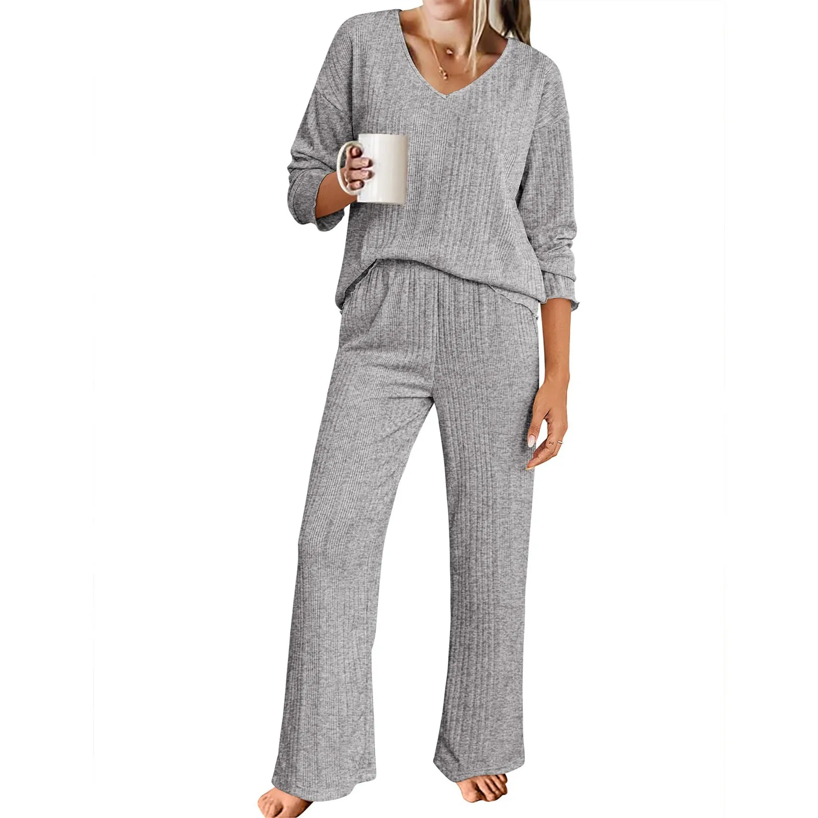 Womens Ribbed Knit Pajamas Set V Neck Long Sleeve Pj Set Matching Outfits Top And Pant Loungewear Casual Sweatsuits 2024 Hot