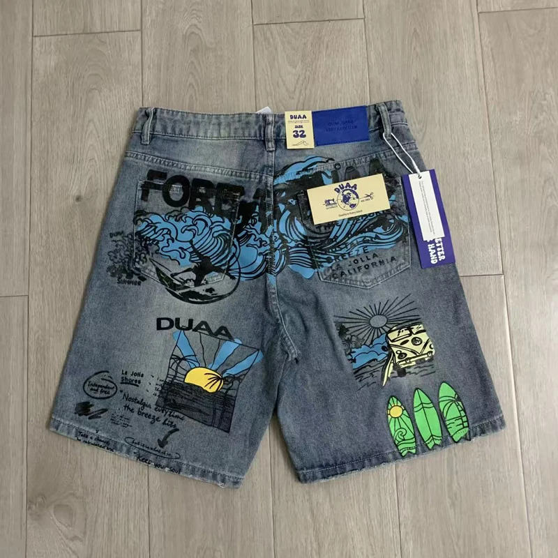 New High-quality Casual Shorts Street Hip-hop Print Washed Duaa Denim Jeans
