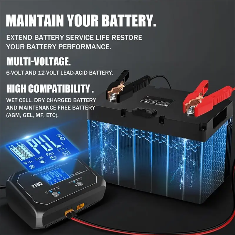 ABGI 12V 10A 24V 5A Dual Channel Smart Battery for Lithium for AGM GEL Lead-Acid LiFePO4 Car Motorcycle EU Plug