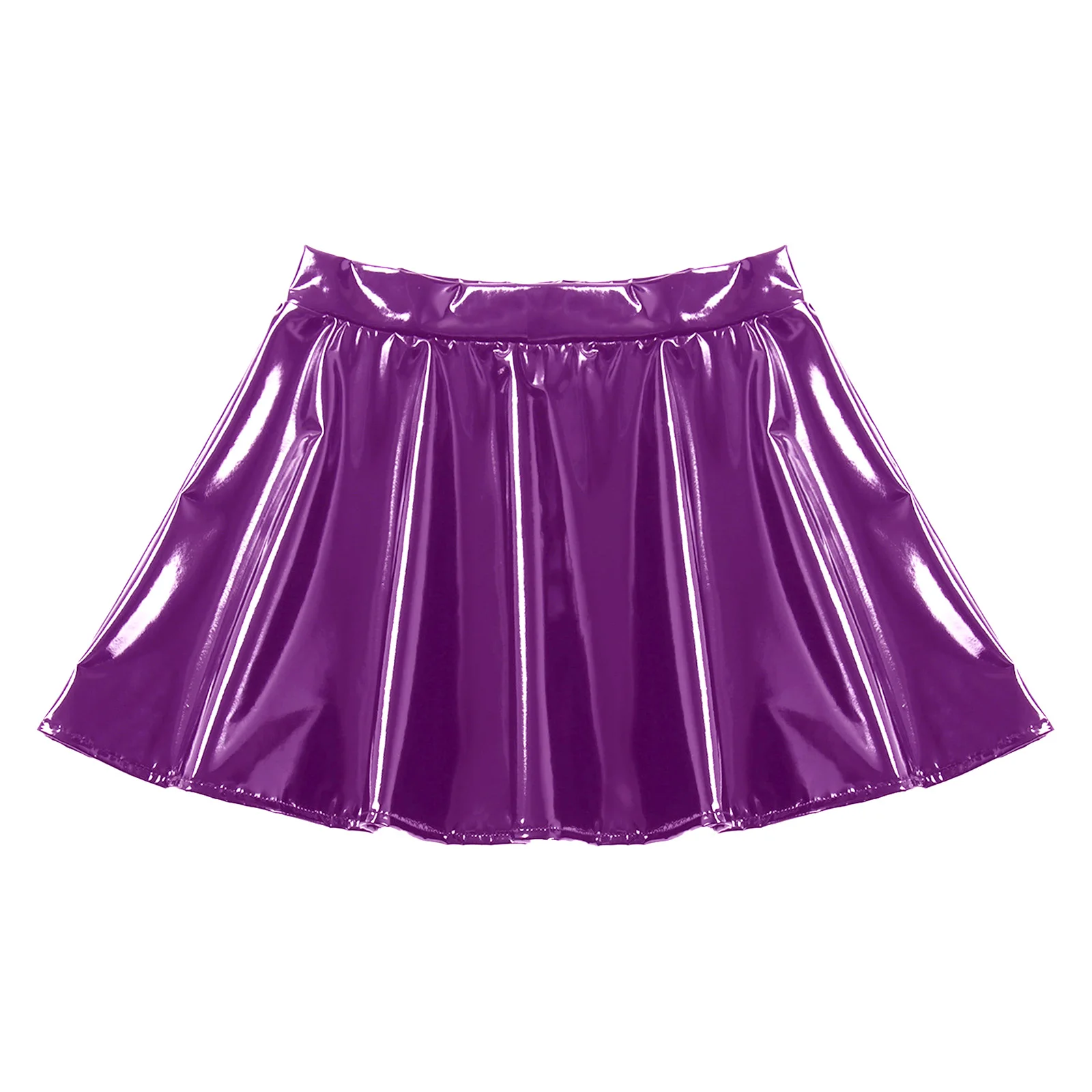 Womens Invisible Zipper A-Line Mini Skirts Glossy Patent Leather Flared Mini Skirt Rave Bar Party Club Dance Performance Costume