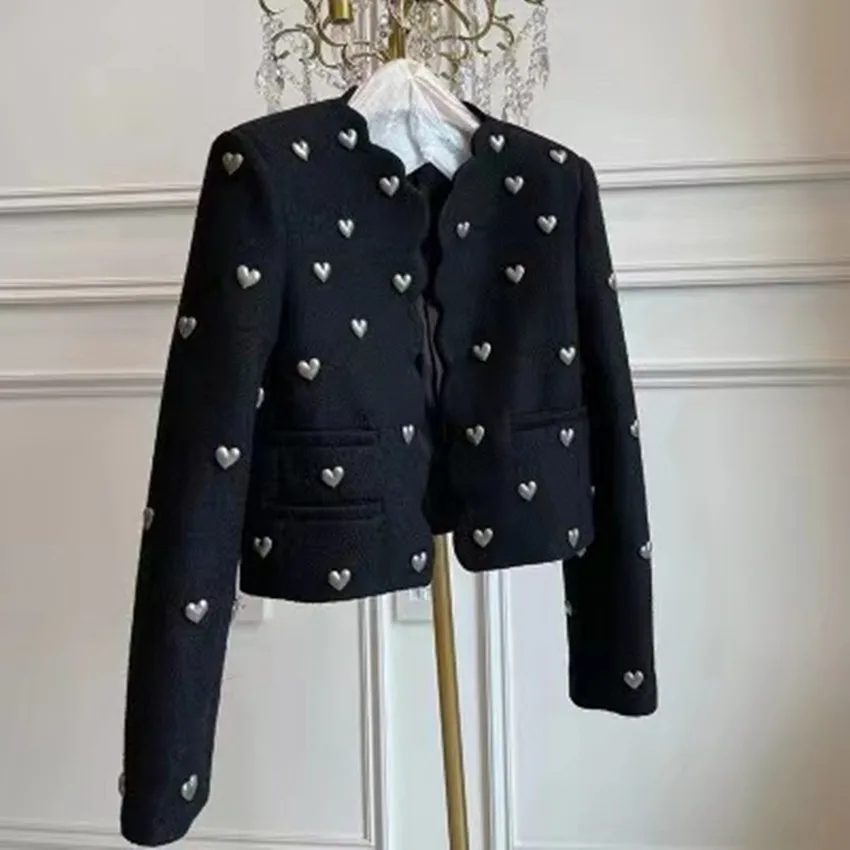 

Luxury Autumn Winter Black Heart Buckle Button Woolen Tweed Jacket Coat Chic Fashion Women V Neck Long Sleeve Short Outerwear